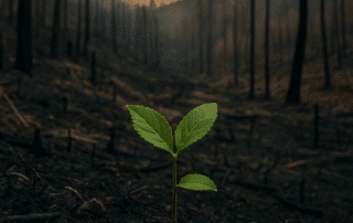 Bosque quemado con un brote verde como símbolo de esperanza